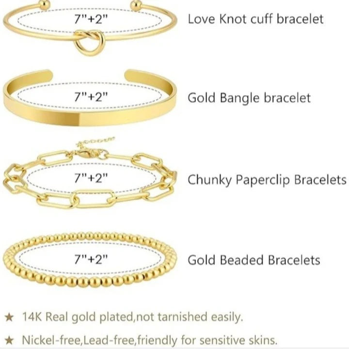 4 Pieces Gold-Tone Plated Bangle Set for Women – Stackable Anti-Tarnish Bracelets